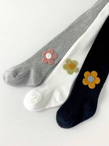 3 件装婴儿女孩打底裤，春秋条纹花卉图案紧身裤，户外服装，薄款分层婴儿幼儿女孩连裤袜 - 彩色 - 查看 5