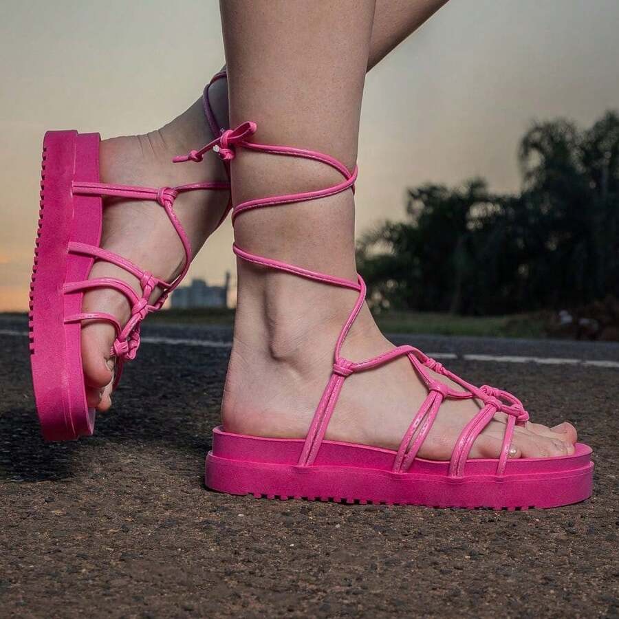 Women's Gladiator Lace-Up Sandals With Soft Spider Web - Màu Hồng Tươi - Xem 1