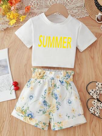 Tween Girl Fashionable Short Sleeve Letter Print T-Shirt And Floral Pattern Shorts Set, Casual