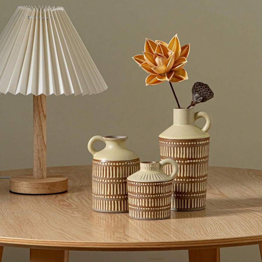 Brown Vases Home Decor, Brown Ceramic Vase Set Of 3 Minimalism Small Bud Vase Modern Neutral Decor, Clay Rustic Textured Vase For Dining Table Centerpiece, Knick Knacks For Shelves Mini Vase - B - Xem 1