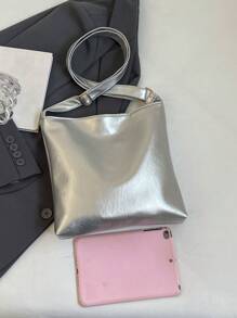 New Silver Large-Capacity Metallic Soft PU Water-Resistant Shoulder Messenger Bag, Daily Commute - Silver - View 9