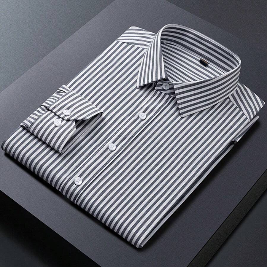 Camisa casual con botones para hombre, manga larga, a rayas, para verano, playa - Negro - Ver 1