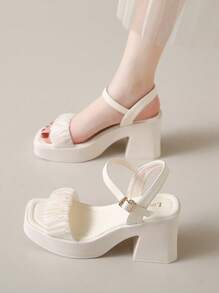 2026 New Lightweight Thick-Soled Ruched Fashion High Heel Sandals, Soft Mesh Material, Lightweight & Fashionable High Heel Increase Height Sandals, All Season, Plus Size Women High Heel Sandals, Comfortable & Beautiful Sexy Low Price Shoes, Women's High Heel Sandals, Wedge Heel Design, Gold Buckle