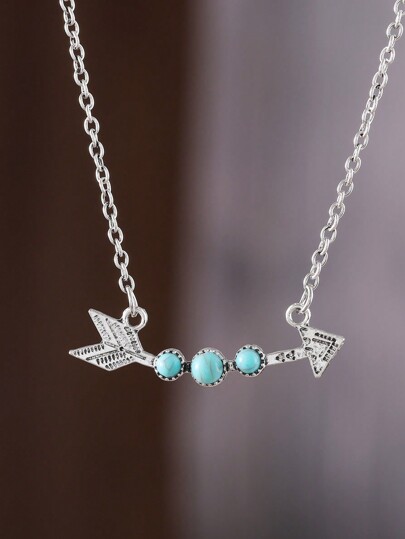 1件复古西部风格箭头绿松石镶嵌吊坠项链，合金材质，女士项链，礼品