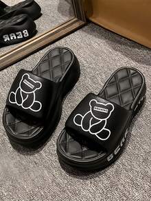 女士可愛熊圖案厚底涼鞋-夏季休閒開放式鞋履，簡單舒適軟底拖鞋 - 黑色 - 查看 4