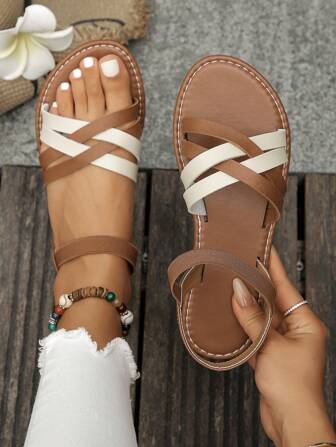 Women's Solid Color Cross Strap Flat Sandals, Comfortable And Fashionable For Walking, Elastic Indoor/Outdoor Beach Shoes