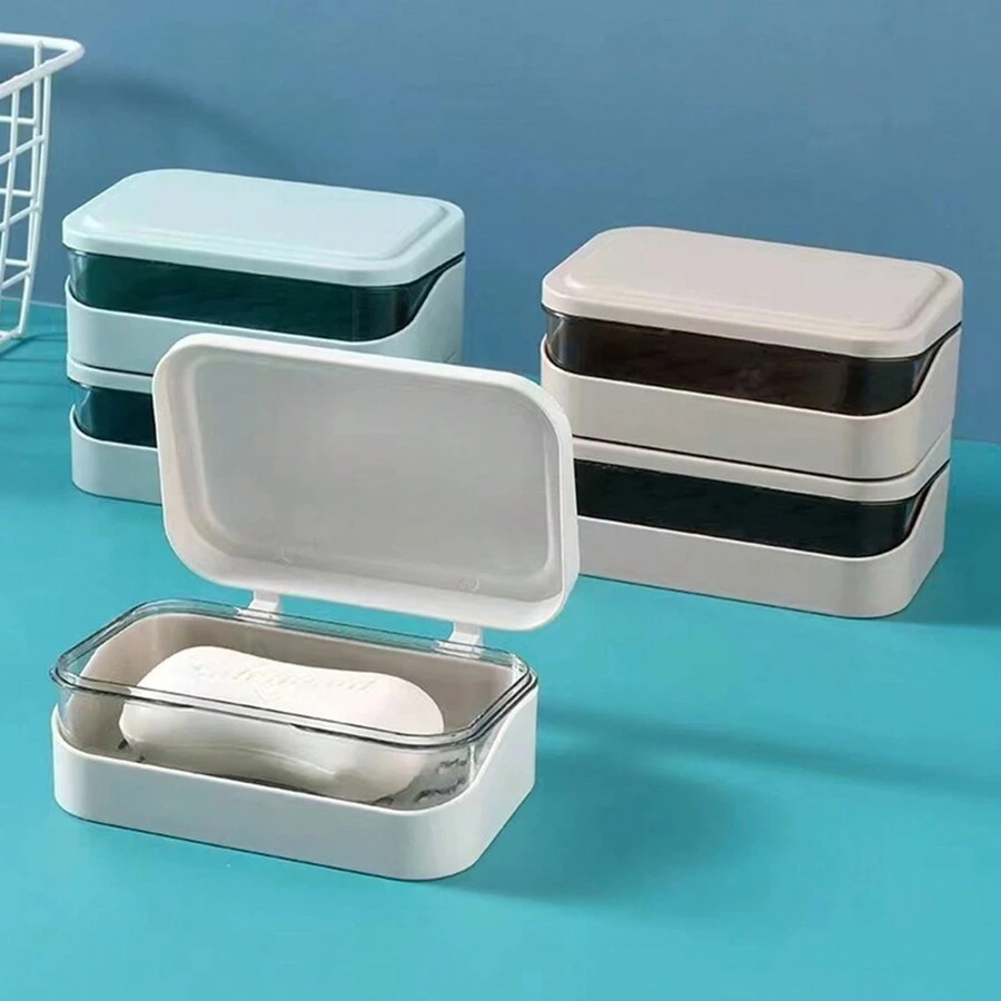 1個帶蓋便攜式肥皂盒，翻蓋排水肥皂盤，透明塑料肥皂盒，適用於浴室 - 彩色 - 查看 1