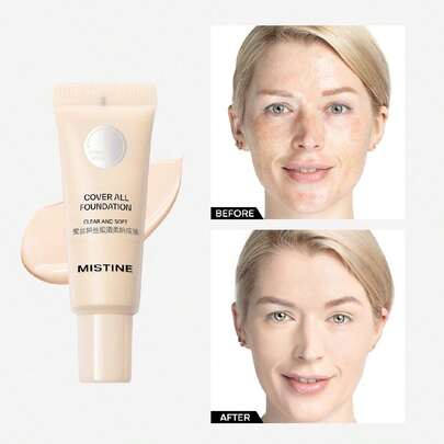 MISTINE 5克保湿全效遮瑕粉底液，专为干性肌肤设计，24小时防水轻盈妆效，蕴含玻尿酸、抗氧化成分，具有抗污染和蓝光防护功效，1盒装