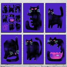 1 幅，复古黑猫动物海报懒散猫抽象帆布画现代北欧印刷墙壁艺术画客厅卧室装饰，无框架 - 藍色 - 查看 1