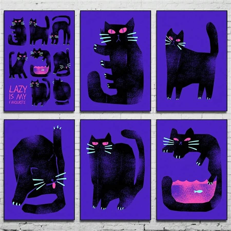 1 幅,复古黑猫动物海报懒散猫抽象帆布画现代北欧印刷墙壁艺术画客厅卧室装饰,无框架 - 藍色 - 查看 1