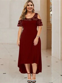 Plus Size Long Dresses For Women With Lace Off Shoulder Elegant Fashion Dress With Asymmetric Hem Design For Evening Party - 酒紅色 - 查看 5