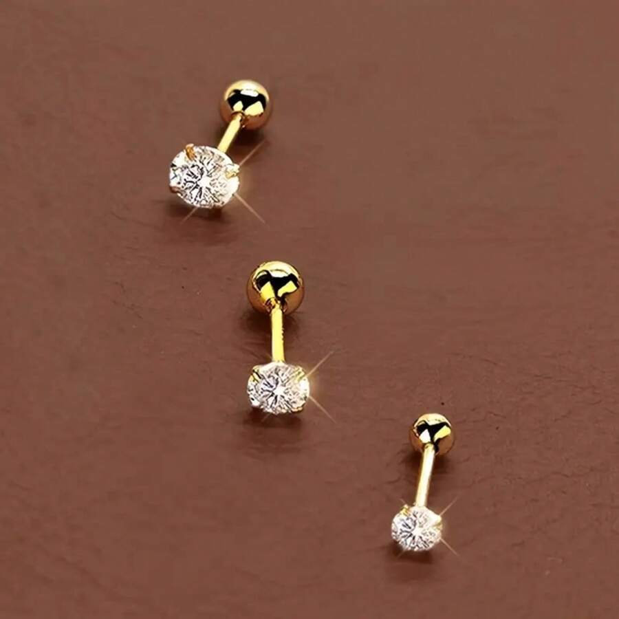 SENLANSP 3pcs Unique 18K Gold Plated Cubic Zirconia Stainless Steel Earrings Set, Perfect For Daily And Party Wear