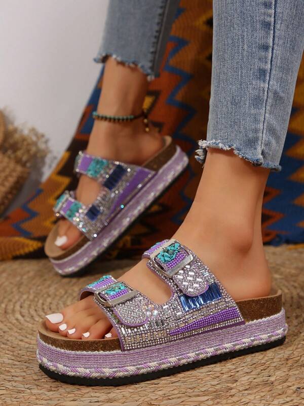 2025 Spring/Summer New Casual Fashion Women Wedge Sandals, Double Buckle Crystal Soft Thick Bottom Indoor Outdoor Beach Slippers, Random Floral Retro Pattern
