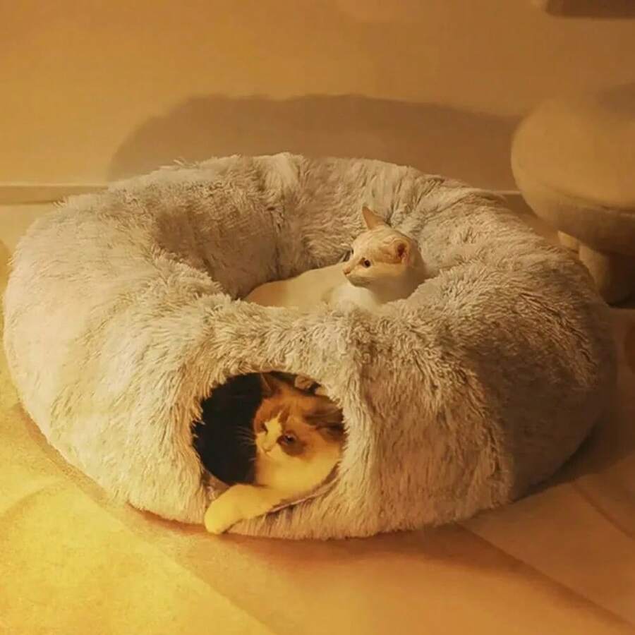 Plush Cat Bed With Tunnel For Indoor Cats, Multifunctional Cat Tunnel Bed With Peephole, Fluffy Donut Cat Bed With Tunnel  Suitable For Pet Size 0-15 Pounds - Multicolor - View 1