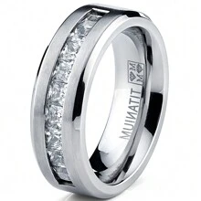 Titanium Men's 1Ct Wedding Band Engagement Ring 9 Large Princess Cut Cubic Zirconia - 銀色 - 查看 4