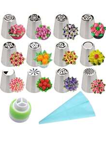 Multi-Piece Stainless Steel Russian Piping Nozzles, DIY Cake Decorating Tools, Cupcake Cream Nozzles, Baking Supplies - Silver - View 11
