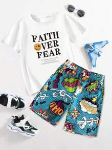 2pcs Tween Boy Casual Sports Letter & Smiling Face Print T-Shirt And Fashionable Casual Print Beach Shorts, Spring/Summer