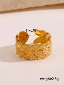 1入不銹鋼可調節開口葉子戒指，適合女性日常佩戴 - 金黃色 - 查看 3
