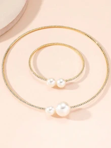 1/2pcs Luxury Rhinestone & Faux Pearl Bracelet & Necklace Set, Suitable For Evening Party