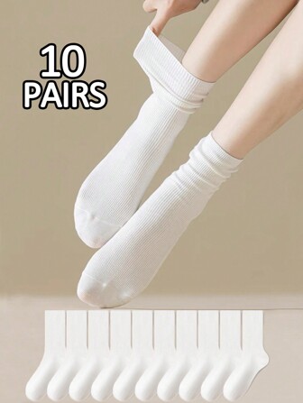 10 Pairs Women Crew Socks, Comfortable Soft Absorbent Vibrant Color Fashion Mid-Calf Socks, Suitable For Back To School