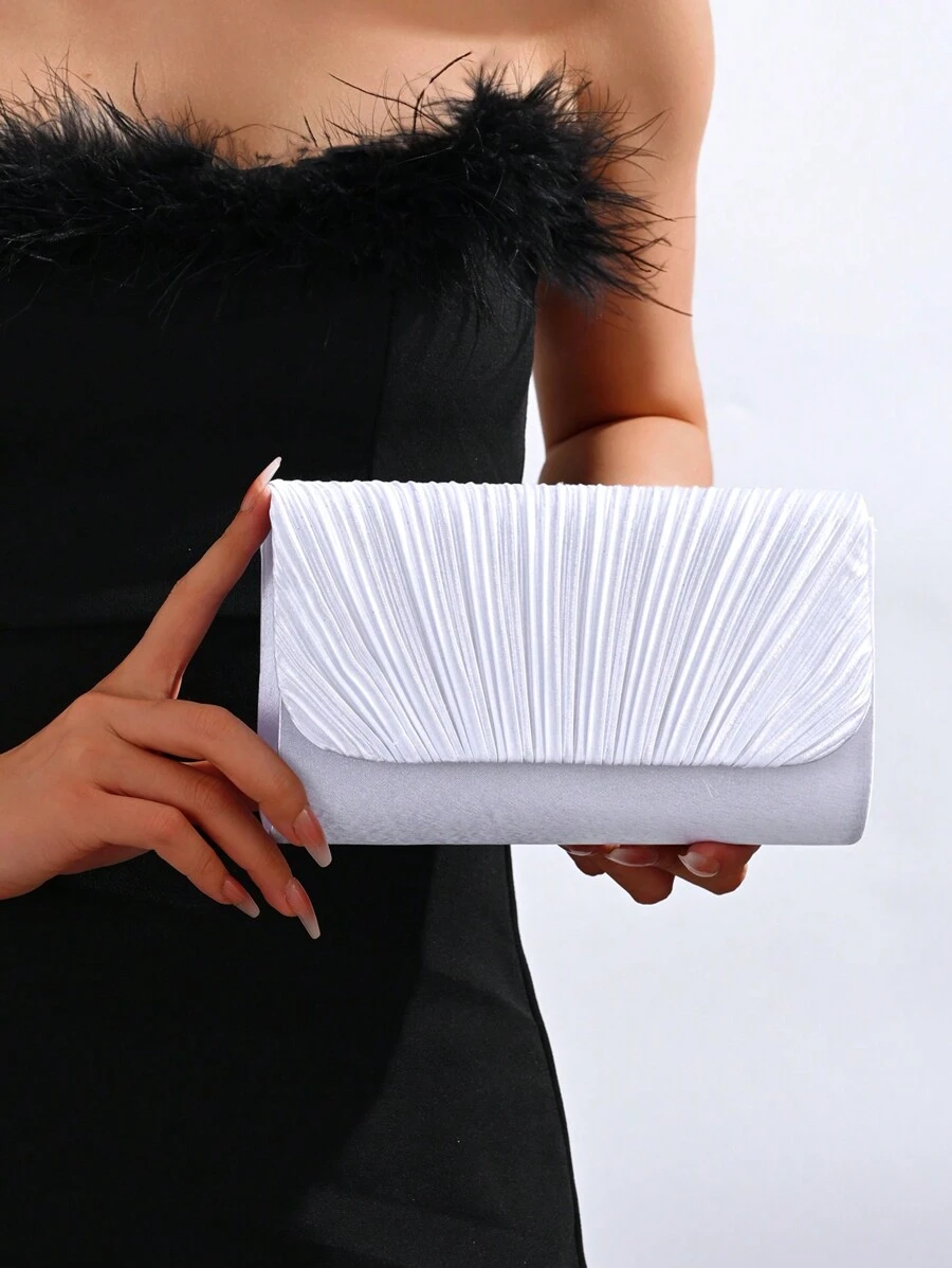 Women Simple Classic Pleated Design Satin Clutch Bag, Elegant Evening Bag For Prom, Romantic Wedding, Party, Formal Event, With Chain Strap, Essential Wedding Items,Perfectly Matching With Graduation Dress, Prom Dresses, Perfectly Matching With Bridal Party, Best Choice Elegant Bag For Bridal Shower, Clutch Bag For Wedding - White - View 1