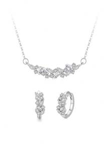 独特时尚的 925 纯银项链和耳环套装，搭配闪亮的不对称合成珠宝，精致的女士奢华婚礼派对配饰珠宝订婚新娘珠宝 - 銀色 - 查看 1