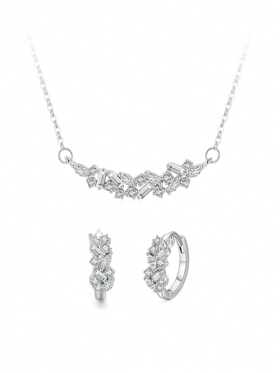 独特时尚的 925 纯银项链和耳环套装，搭配闪亮的不对称合成珠宝，精致的女士奢华婚礼派对配饰珠宝订婚新娘珠宝 - 銀色 - 查看 1