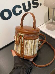 2024 New Summer Mini Brown Round Bucket Woven Bag, Popular Women Crossbody Straw Bag Handbag Bucket Bag