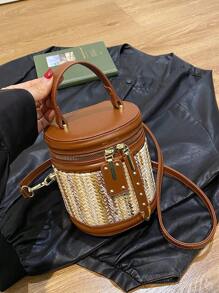 2024 New Summer Mini Brown Round Bucket Woven Bag, Popular Women Crossbody Straw Bag Handbag Bucket Bag