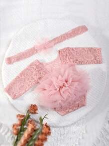 Bộ 2 băng đô ren hoa cho trẻ sơ sinh và bộ đồ liền thân, trang phục chụp ảnh cho bé 100 ngày tuổi, đạo cụ chụp ảnh trẻ sơ sinh, đồ trang trí gia đình, quà tặng, tiệc mừng em bé, quà tặng lễ Phục sinh cho bé gái/bé trai - Bụi hồng - Xem 6