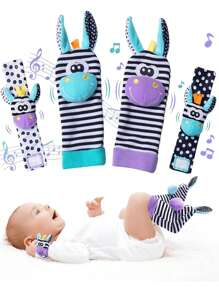 4 件装婴儿摇铃玩具驴腕摇铃和脚探测器袜子套装，婴儿早期教育和娱乐