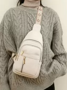 2024 New Fashion Classic Solid Color Waterproof PU Fabric Multi-Pocket Woven Strap Crossbody Chest Bag, Suitable For Shopping - White - View 3