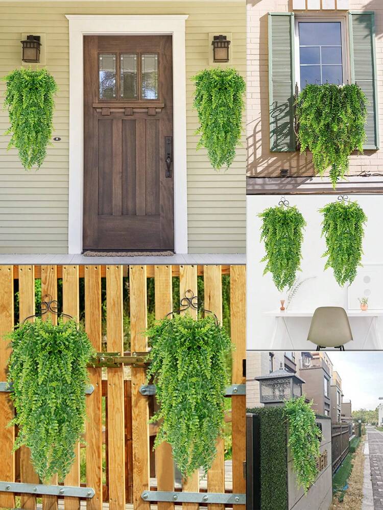 2 piezas de plantas colgantes artificiales con hojas de helecho de hierba artificial enredadera resistente a los rayos UV para exteriores, plantas verdes falsas adecuadas para la decoración colgante en interiores y exteriores de oficinas y hogares - 2 enredaderas colgantes de hojas persas. - Añade 6