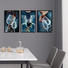 3 套无框帆布海报，现代抽象蓝色酒杯葡萄酒墙艺术帆布画印刷品，适用于餐厅、客厅、卧室、厨房、办公室、家居装饰，防水 - 藍色 - 查看 15