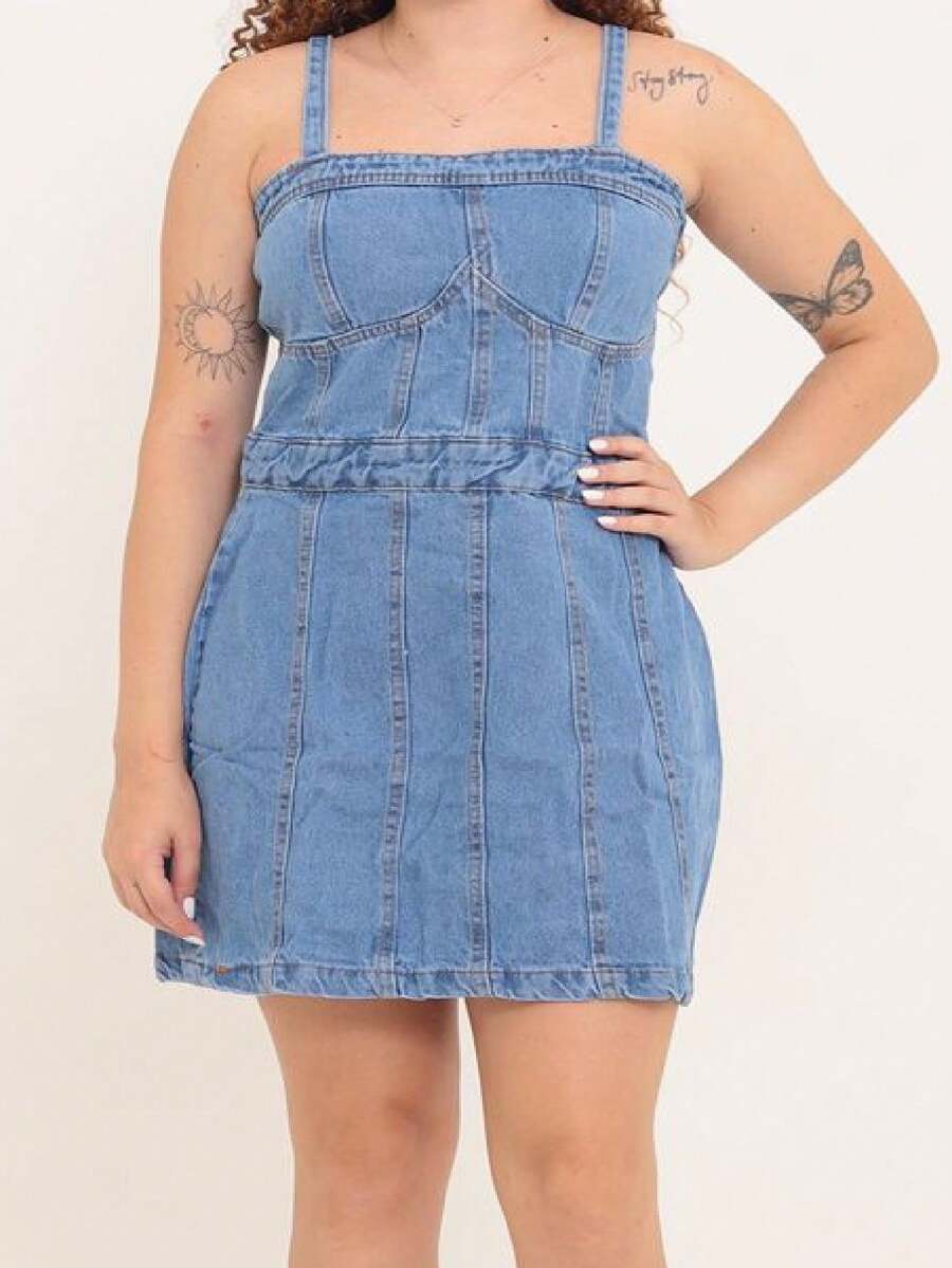 Women Denim Dresses - 中等水洗藍 - 查看 1