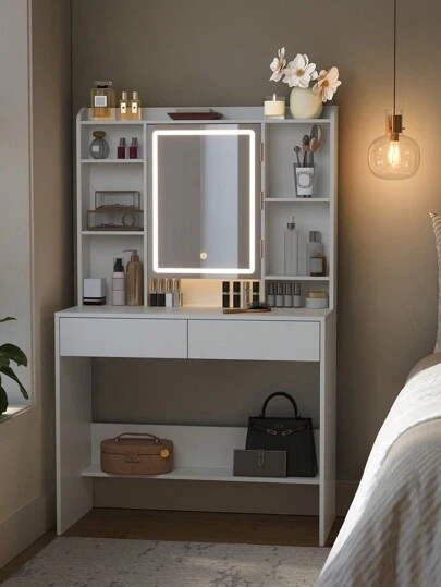 VASAGLE Tocador con Luces LED de 3 Colores con Brillo Ajustable, Mesa de Maquillaje con Espejo, Espacioso, Estantes Ajustables, 2 Cajones, Mesa de Maquillaje, Estilo Moderno, Blanco, Vuelta al Cole,Regalo de Navidad