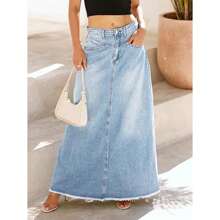 Women's Vintage Denim Maxi Skirt Casual High Waist A-Line Frayed Hem Long Jean Skirt With Pockets - 淺藍色 - 查看 2