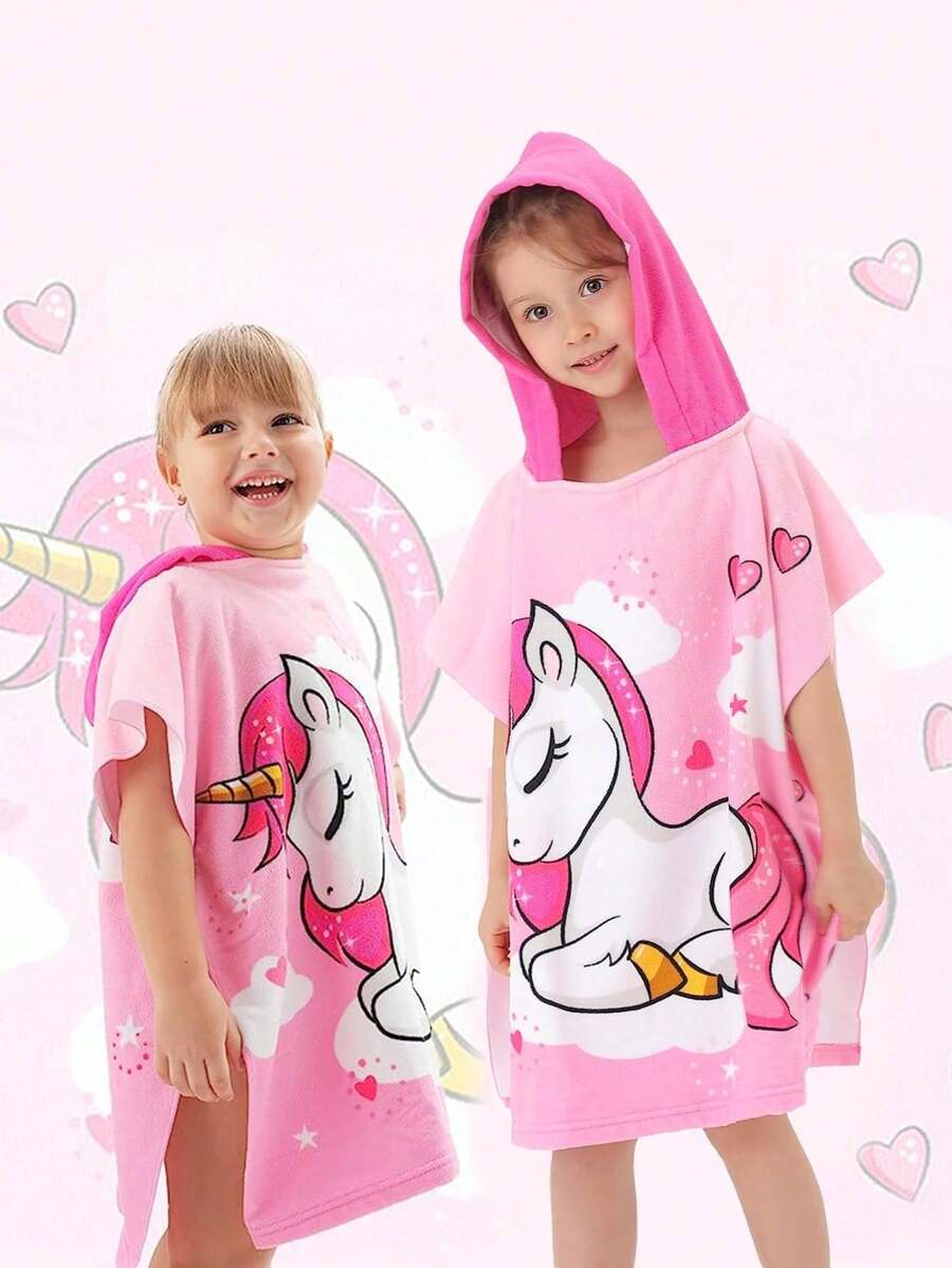 SHENG CHUN 1pc Microfiber Children Hooded Towel, Multi-Size, Absorbent Warm Cloak, Versatile For Swimming, Beach, Bathroom, Pink Unicorn Cartoon Print - Watermelon Pink - View 1