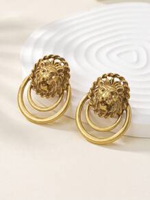 1 par de pendientes personalizados con cabeza de león geométrica retro, adecuados para uso diario, ir al trabajo y festivales de mujeres - pendientes de cabeza de león - Ver 6