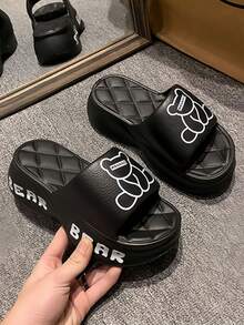 女士可愛熊圖案厚底涼鞋-夏季休閒開放式鞋履，簡單舒適軟底拖鞋 - 黑色 - 查看 2