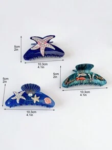 1pc Acetate Creative Dreamy Bohemian Style Ocean Elements Seashell Starfish Fish Rhinestone 3D Cute Sweet Mermaid Semicircle Large Hair Claw Clip Hairpin, High-End Hair Accessory - Multicolor - View 11