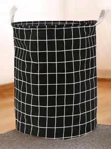 1pc Round Checkered Cloth Laundry Basket, Waterproof Storage Bin, Dirty Clothes Hamper, Storage Bucket - Black - View 4