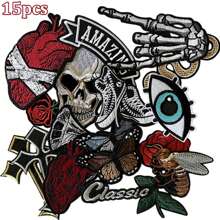15Pcs Dark Style1 Embroidered Applique Iron On Patches For Backpacks, Rock Band Patches For Jackets, Cool Sew Patch For Clothing, Jeans, Hats, DIY Accessories