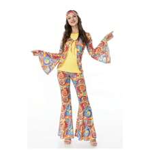 70年代80年代女嬉皮裝三件套，迪斯科服女裝cosplay服裝上衣褲子頭帶套裝派對表演服裝褲子套裝 - A - 查看 3