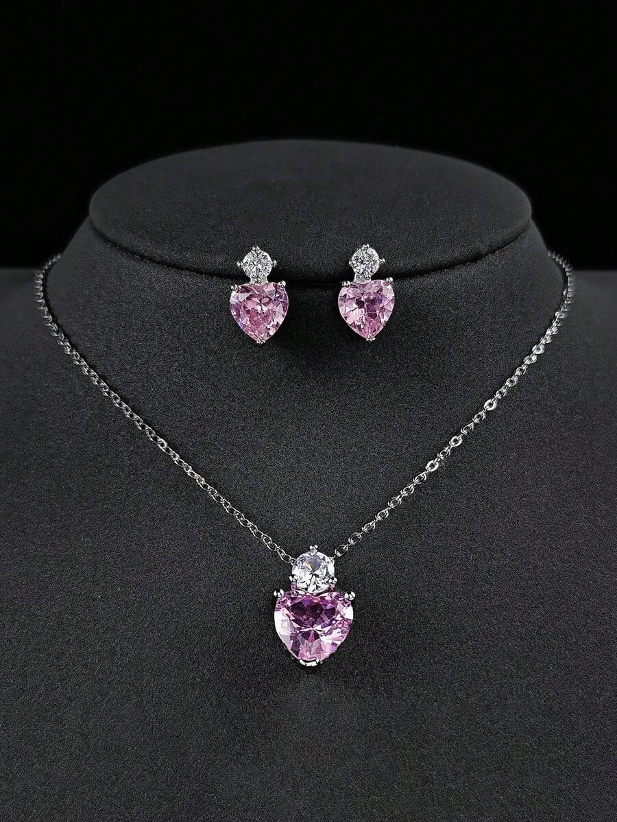 Set de 3 piezas con collar con colgante de corazón de cristal rosa y aretes al estilo Y2K, esencial para fiestas, citas, regalos y uso casual - Rosa - Ver 1