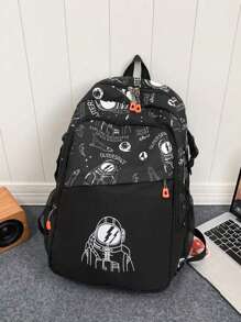 1pc Large Capacity Travel Backpack, Laptop Backpack, Astronaut Printed School Bag For Primary School - Black - View 1