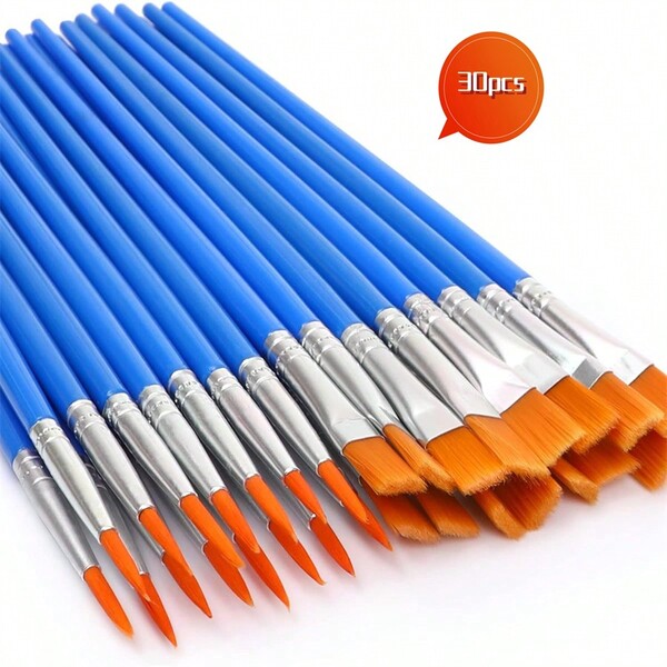 30pcs Small Acrylic Paint Brush Set With Ergonomic Handles, Flat & Round Tips - Vibrant Blue & Orange Bristles For Watercolor, Canvas & Face Painting, Painting Art Supplies