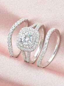 AIHUASI 3pcs/Set 925 Sterling Silver Wedding Rings Bridal Set For Women Engagement Set Blue Sapphire 6*6mm White Round Cut Cubic Zirconia Fine Jewelry Gift