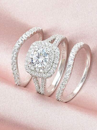 AIHUASI 3pcs/Set 925 Sterling Silver Wedding Rings Bridal Set For Women Engagement Set Blue Sapphire 6*6mm White Round Cut Cubic Zirconia Fine Jewelry Gift