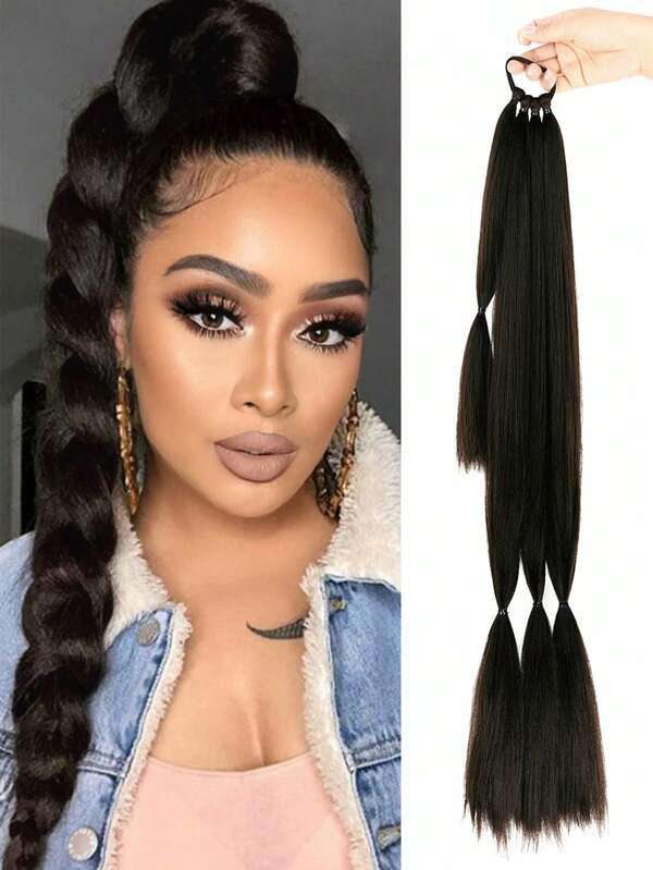 Extensie de coadă de cal lungă împletită cu legături de păr, extensii de păr drepte, coadă de cal, păr sintetic natural moale, pentru femei, purtare zilnică, 26 inch, 30 inch, 34 inch, 1 buc. maro, maro închis, pentru Crăciun, Anul Nou, carnaval, festival de muzică